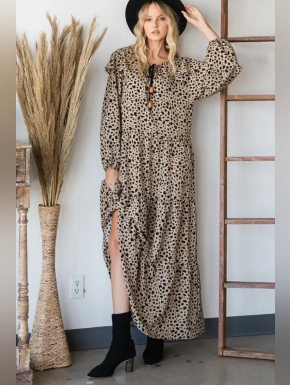 Leopard Print Long Sleeve Maxi Dress - Beige